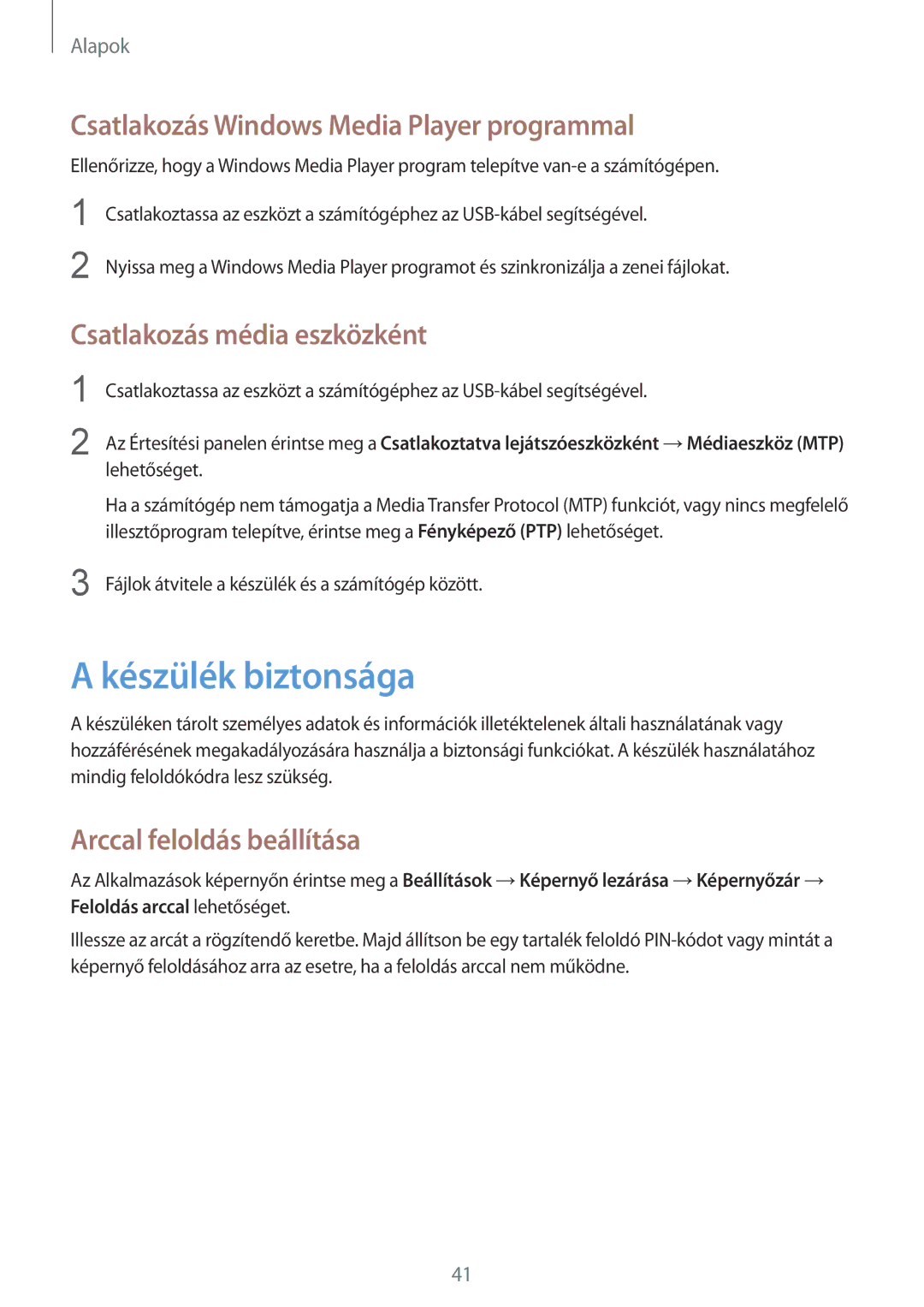 Samsung GT-N5110ZWAEUR Készülék biztonsága, Csatlakozás Windows Media Player programmal, Csatlakozás média eszközként 