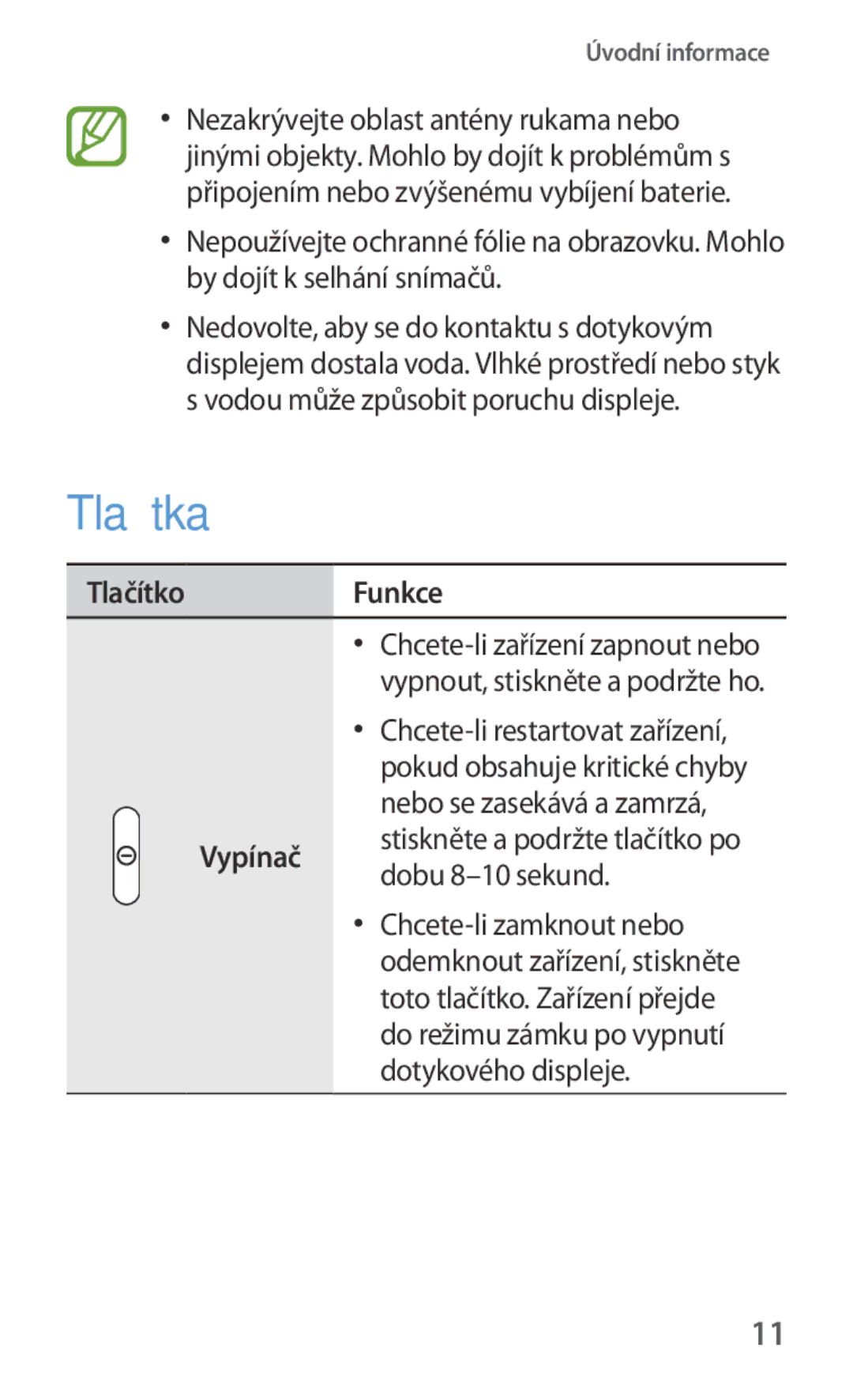 Samsung GT-N5110ZWAXEZ, GT-N5110ZWAATO, GT-N5110ZWAXSK manual Tlačítka, TlačítkoFunkce, Chcete-li restartovat zařízení 