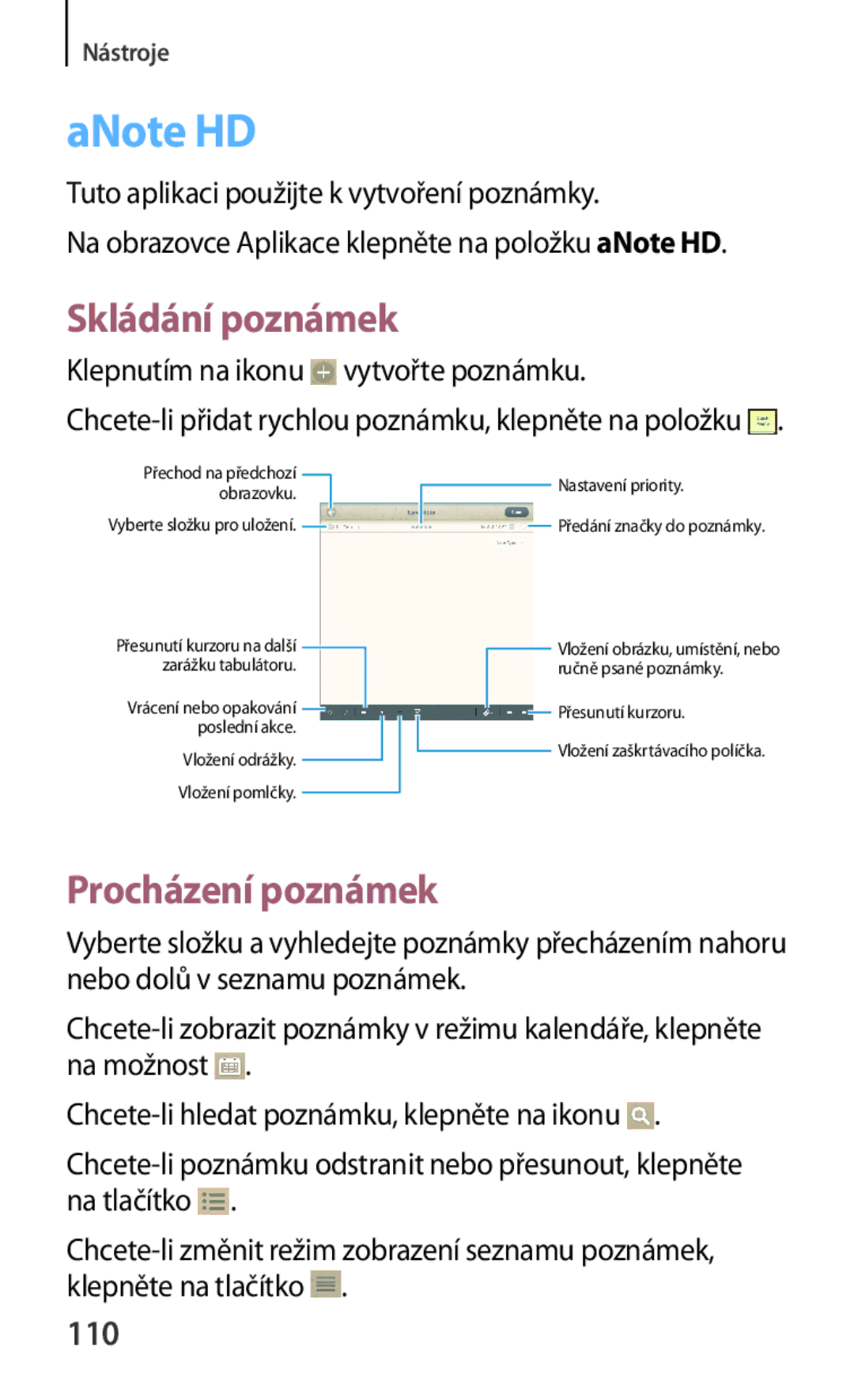 Samsung GT-N5110ZWAEUR manual ANote HD, Tuto aplikaci použijte k vytvoření poznámky, Klepnutím na ikonu vytvořte poznámku 