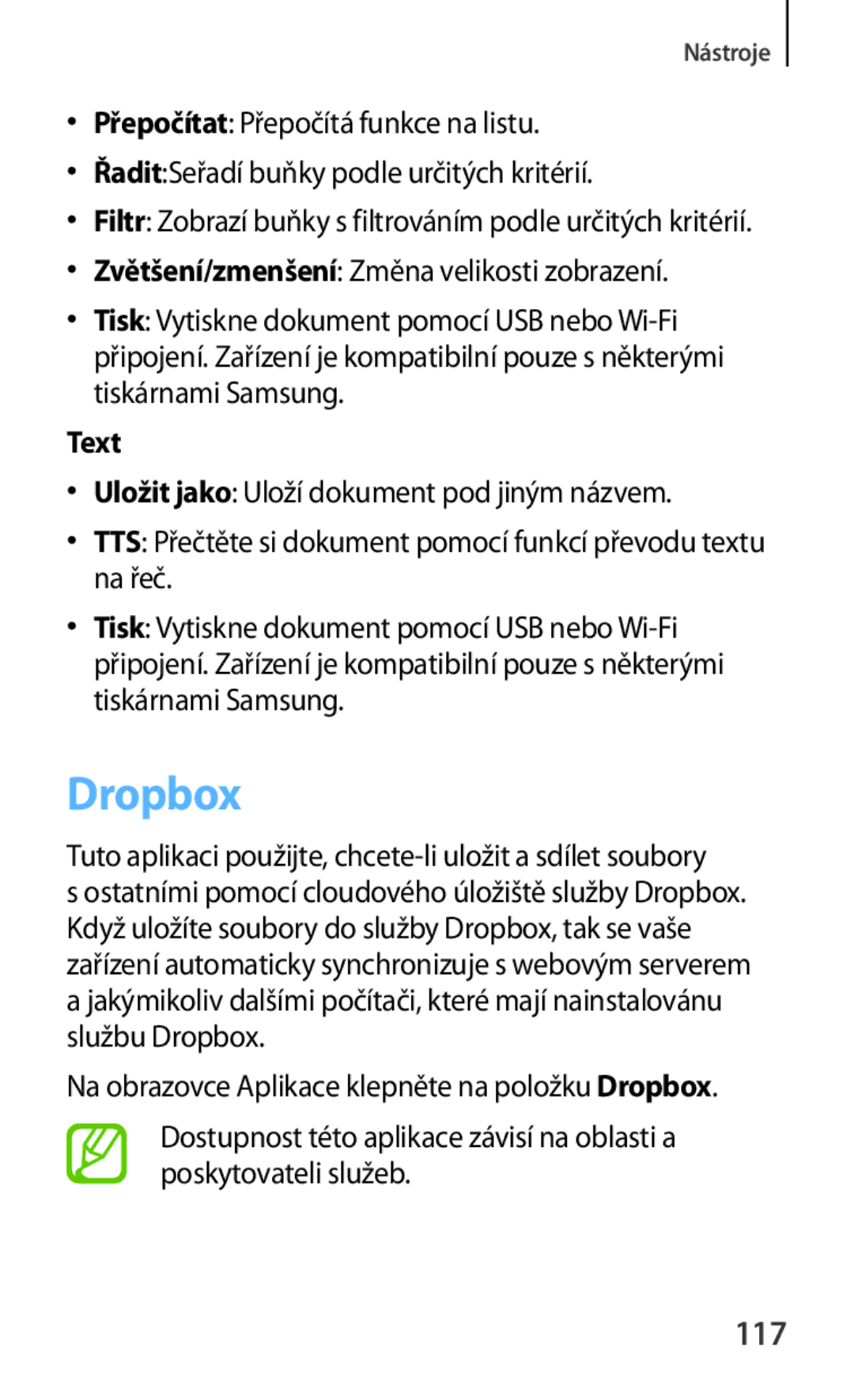 Samsung GT-N5110ZWAXSK, GT-N5110ZWAATO manual Dropbox, 117, Text, Tuto aplikaci použijte, chcete-li uložit a sdílet soubory 