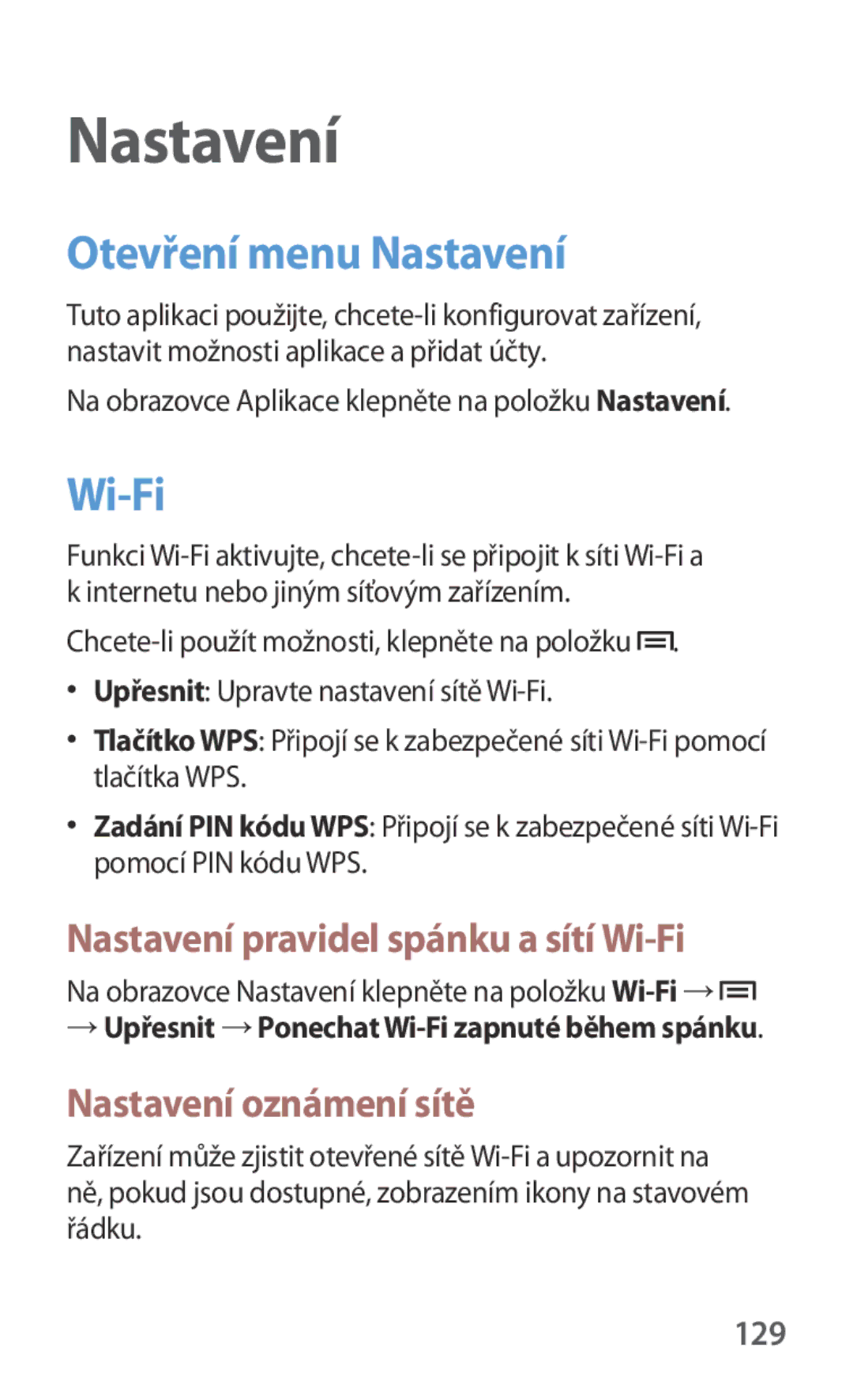 Samsung GT-N5110ZWAXSK Otevření menu Nastavení, Nastavení pravidel spánku a sítí Wi-Fi, Nastavení oznámení sítě, 129 