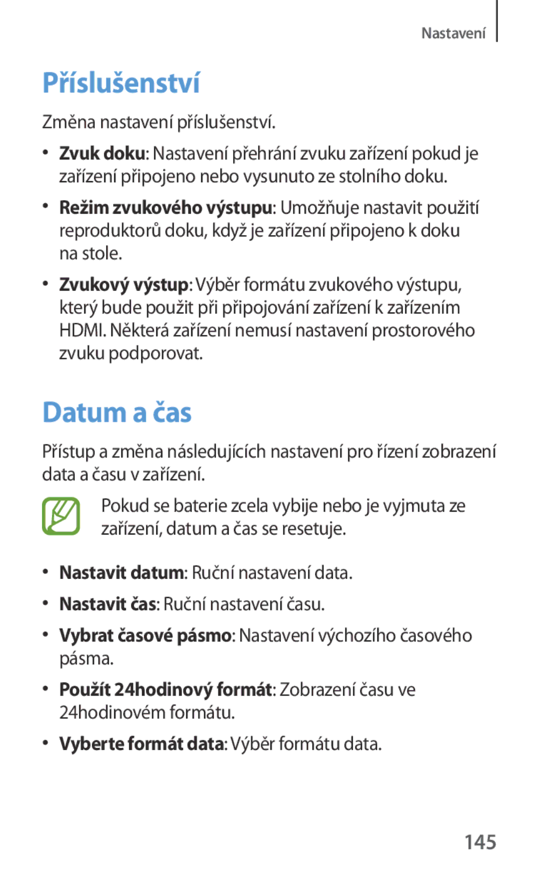 Samsung GT-N5110ZWAXSK, GT-N5110ZWAATO, GT-N5110ZWAEUR manual Příslušenství, Datum a čas, 145, Změna nastavení příslušenství 
