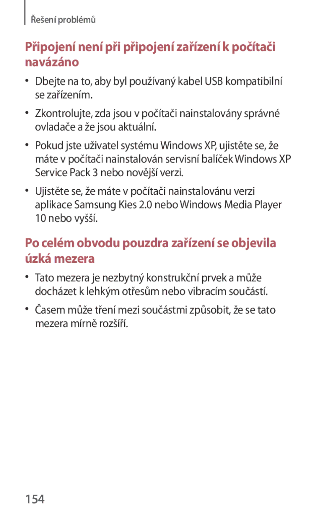 Samsung GT-N5110ZWAEUR, GT-N5110ZWAATO, GT-N5110ZWAXSK manual Připojení není při připojení zařízení k počítači navázáno, 154 