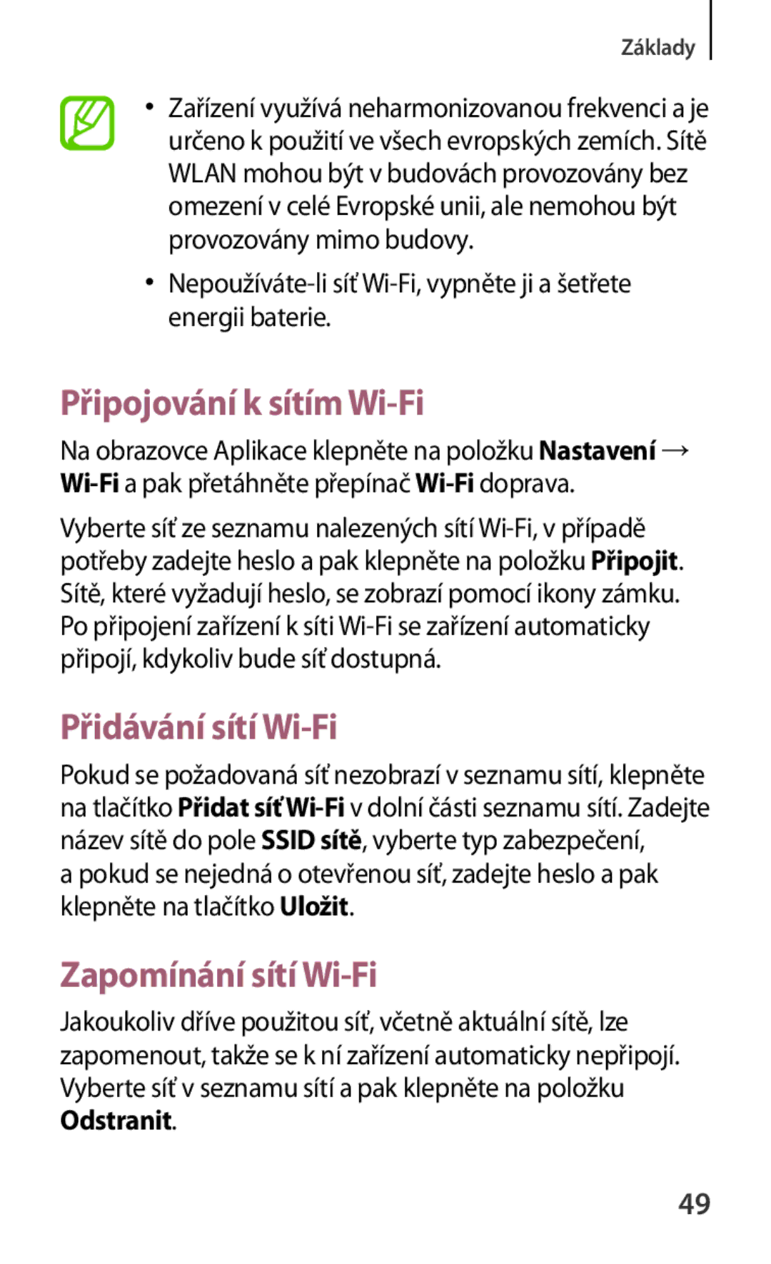 Samsung GT-N5110ZWAXSK, GT-N5110ZWAATO manual Připojování k sítím Wi-Fi, Přidávání sítí Wi-Fi, Zapomínání sítí Wi-Fi 