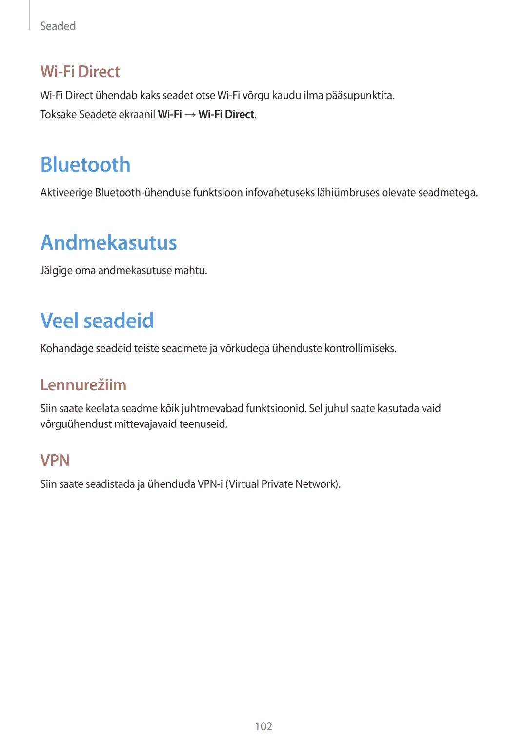 Samsung GT-N5110ZWASEB manual Andmekasutus, Veel seadeid, Wi-Fi Direct, Lennurežiim 