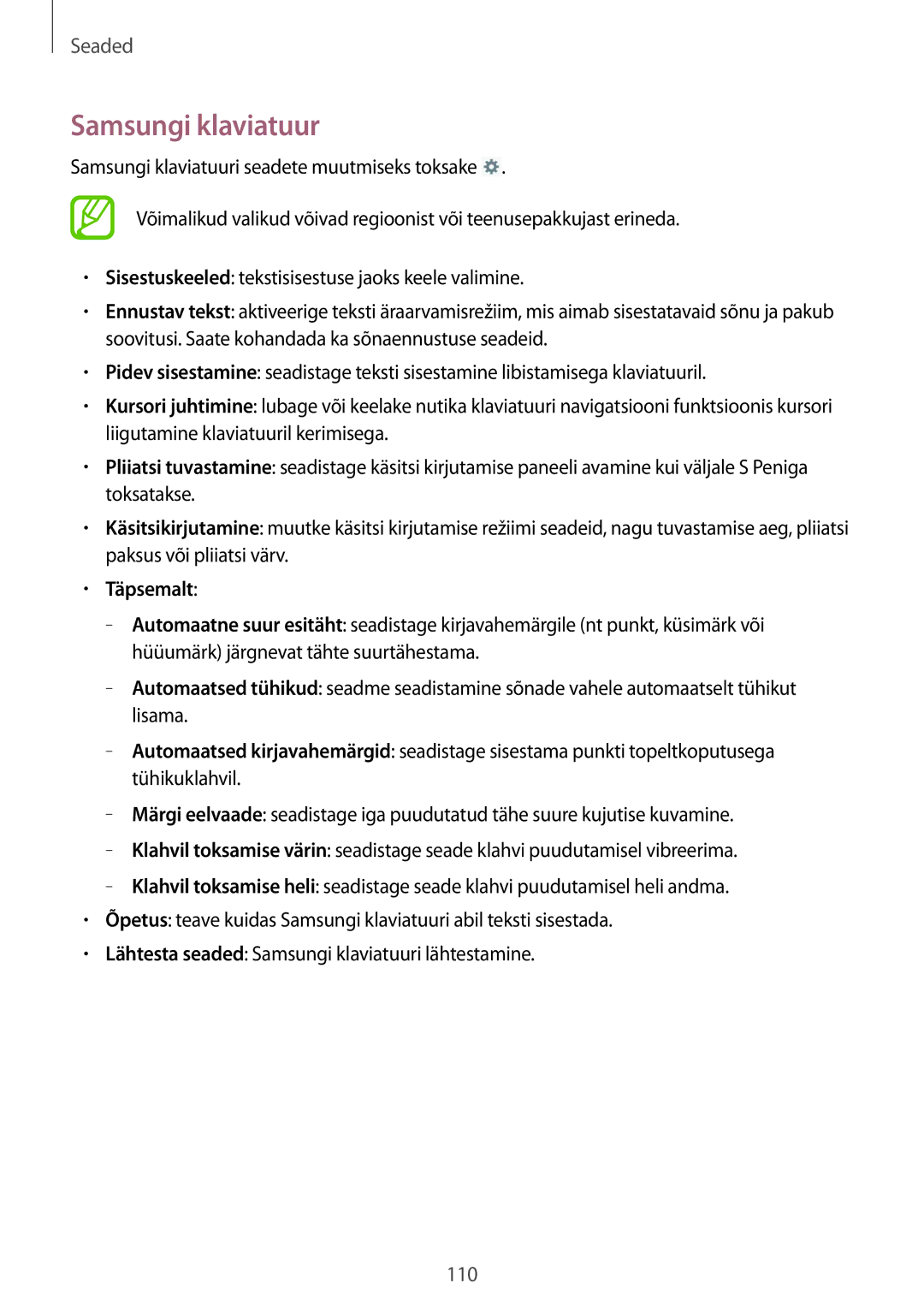Samsung GT-N5110ZWASEB manual Samsungi klaviatuur, Täpsemalt 