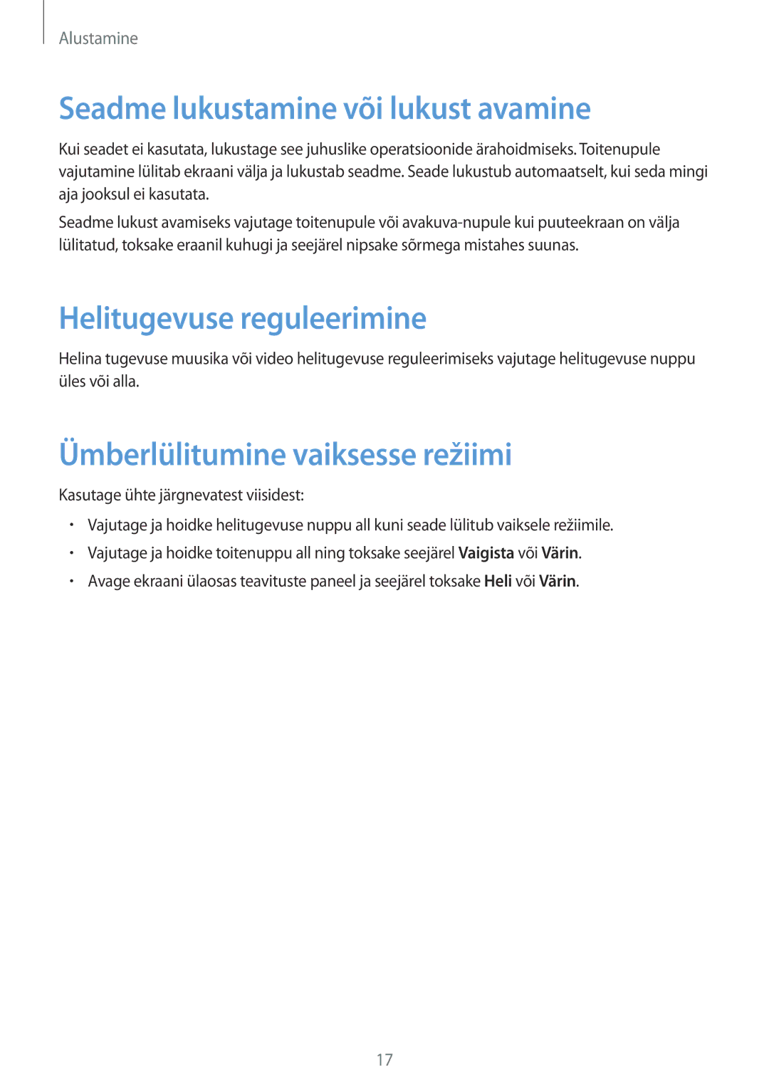 Samsung GT-N5110ZWASEB manual Seadme lukustamine või lukust avamine, Helitugevuse reguleerimine 