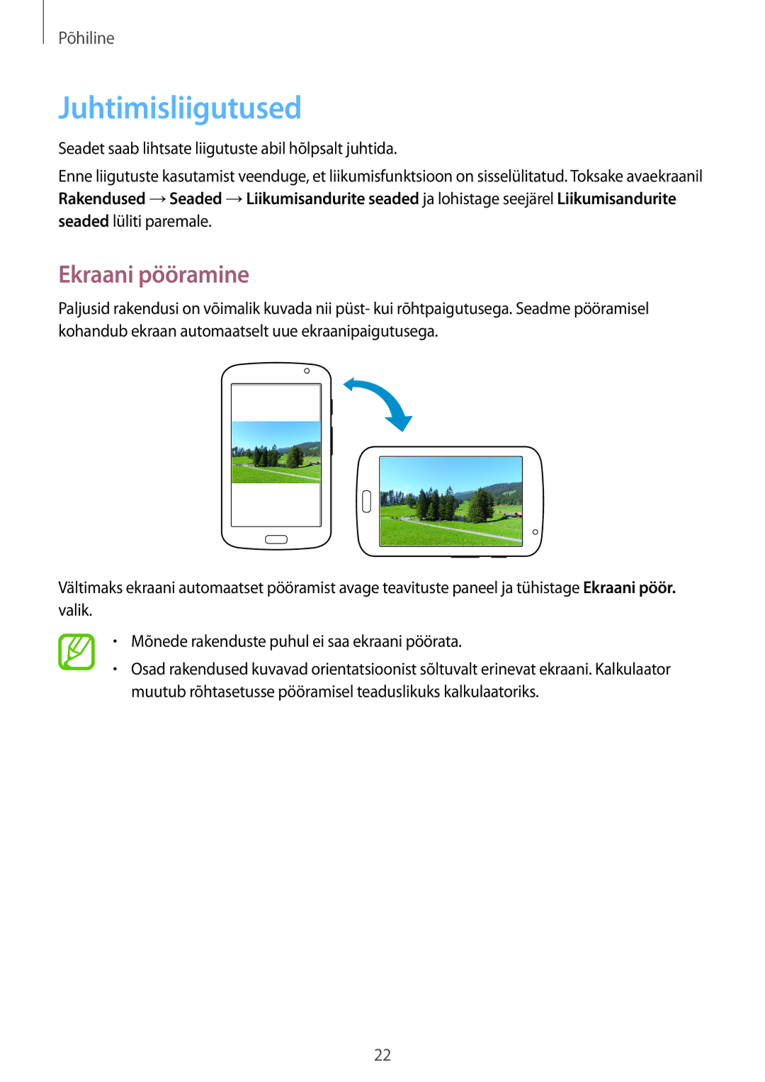 Samsung GT-N5110ZWASEB manual Juhtimisliigutused, Ekraani pööramine 