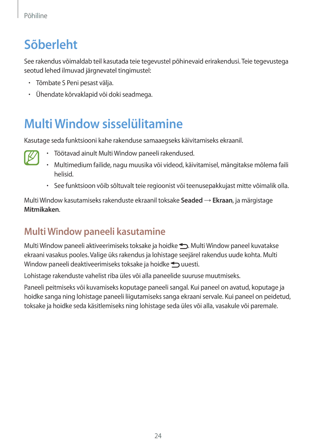 Samsung GT-N5110ZWASEB manual Sõberleht, Multi Window sisselülitamine, Multi Window paneeli kasutamine 