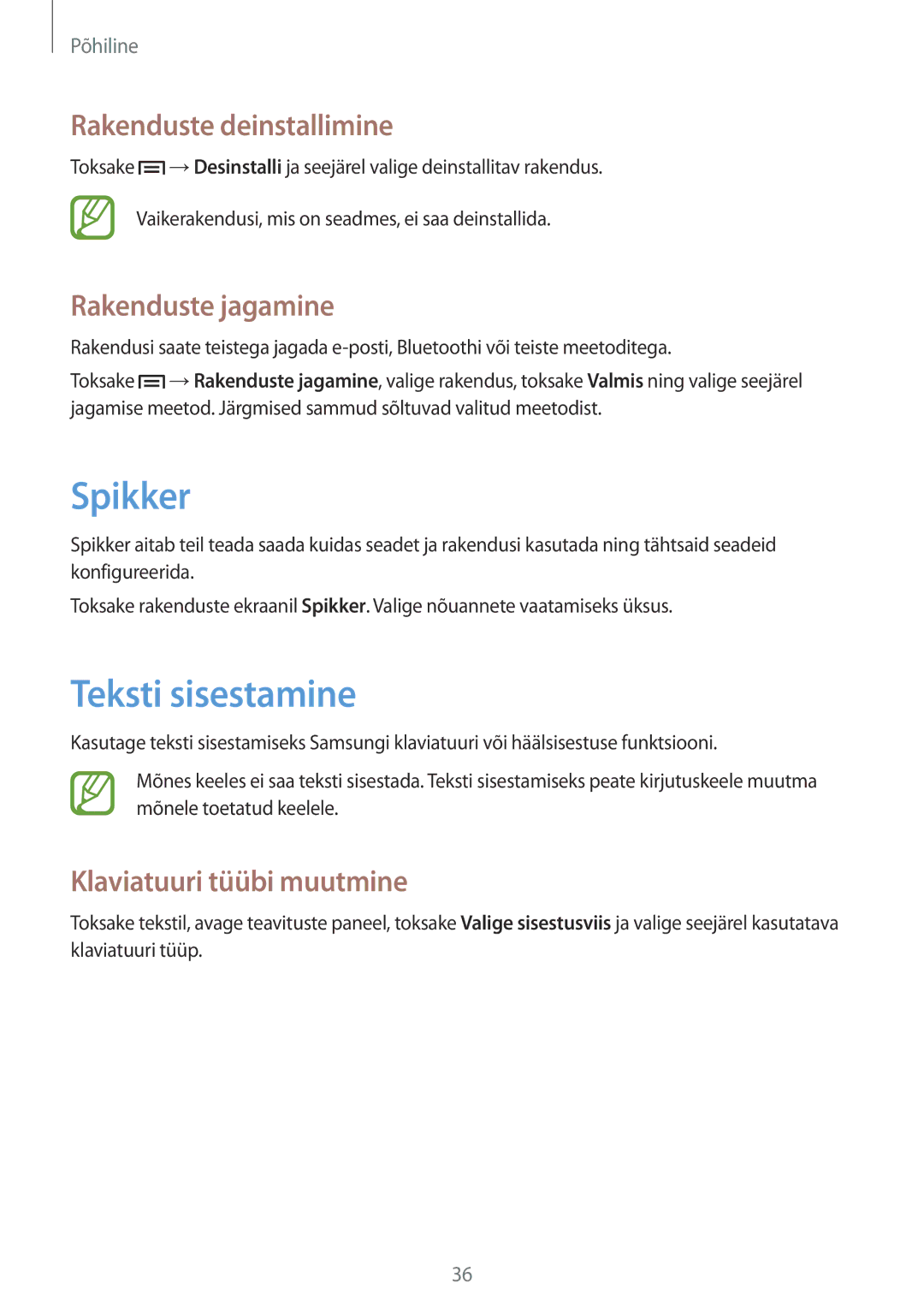 Samsung GT-N5110ZWASEB manual Spikker, Teksti sisestamine, Rakenduste deinstallimine, Rakenduste jagamine 