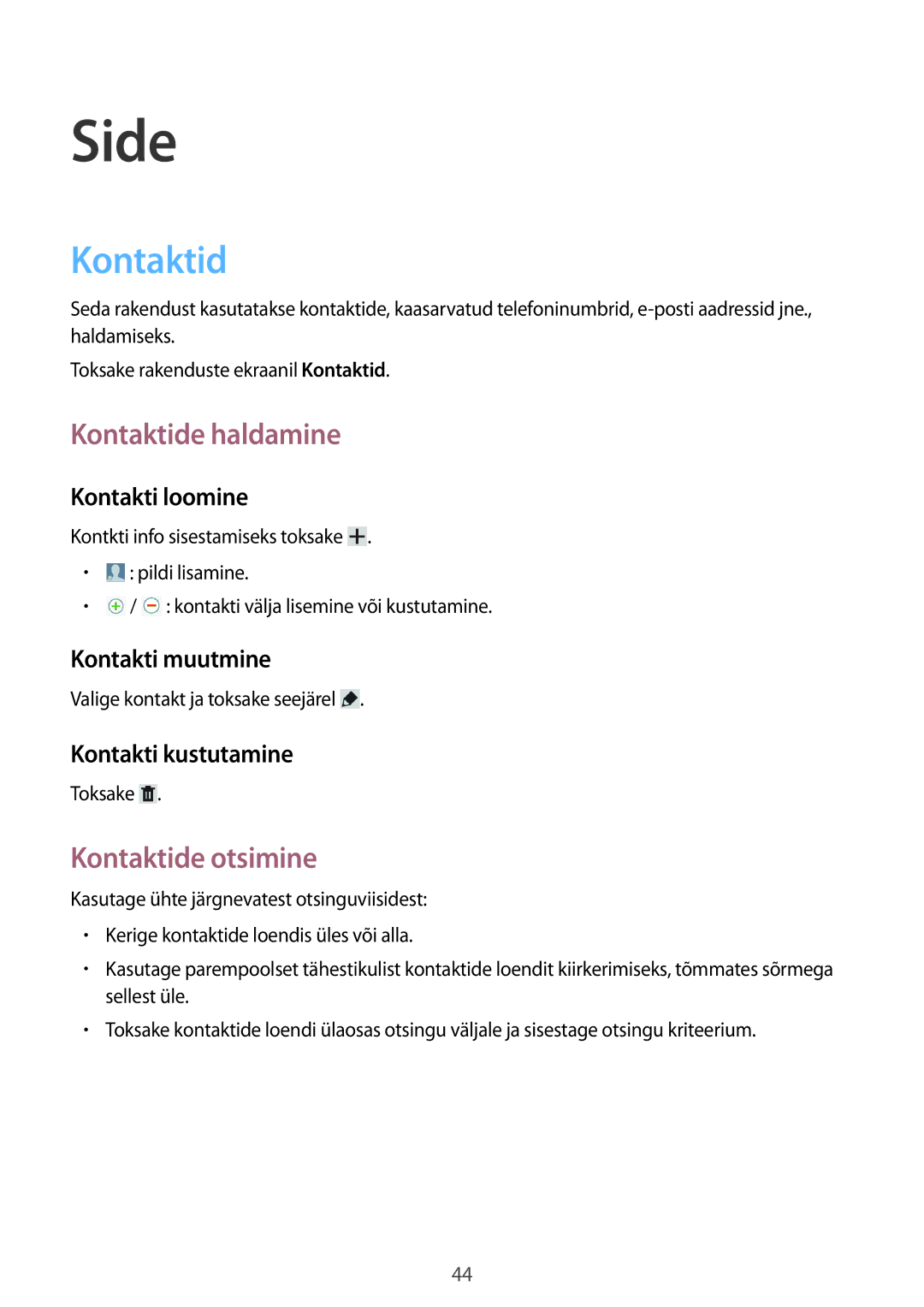 Samsung GT-N5110ZWASEB manual Side, Kontaktide haldamine, Kontaktide otsimine 