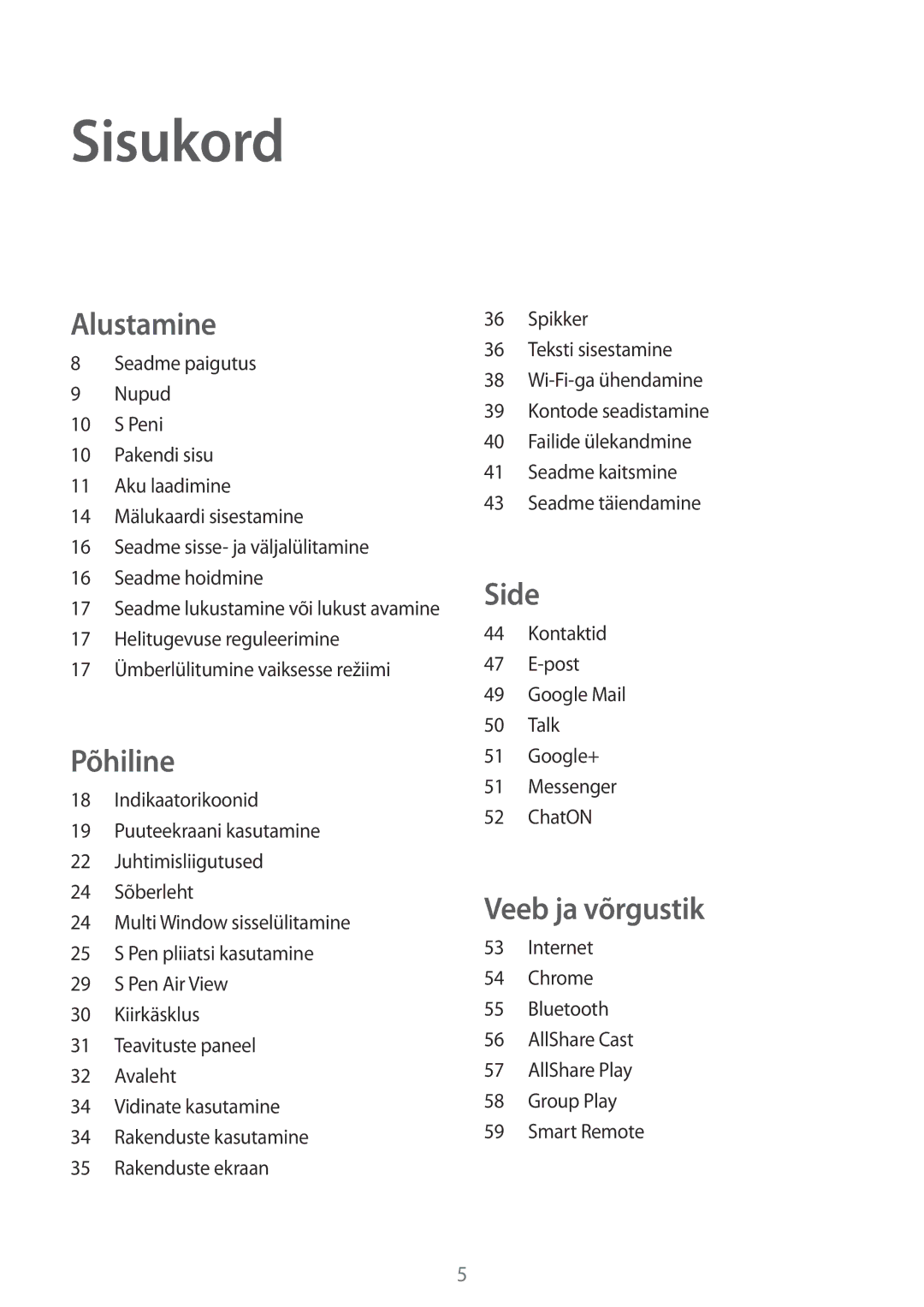 Samsung GT-N5110ZWASEB manual Sisukord, Alustamine 