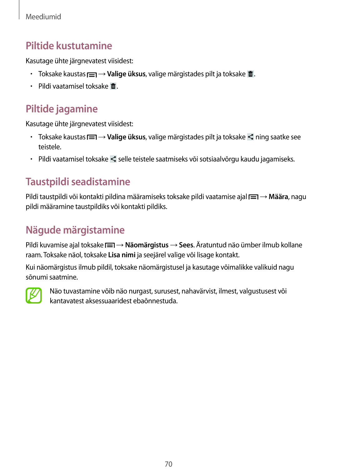 Samsung GT-N5110ZWASEB manual Piltide kustutamine, Piltide jagamine, Nägude märgistamine 