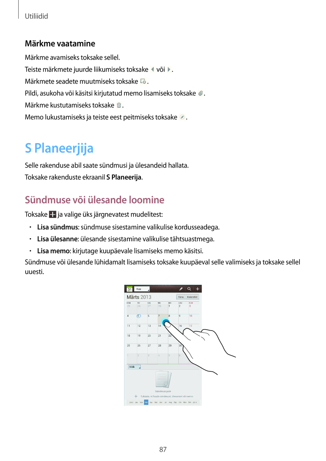 Samsung GT-N5110ZWASEB manual Planeerjija, Sündmuse või ülesande loomine 