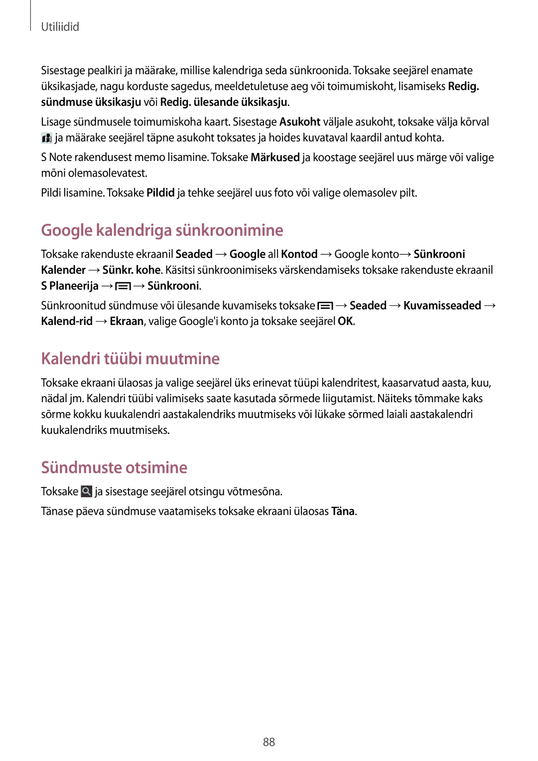 Samsung GT-N5110ZWASEB manual Google kalendriga sünkroonimine, Kalendri tüübi muutmine, Sündmuste otsimine 