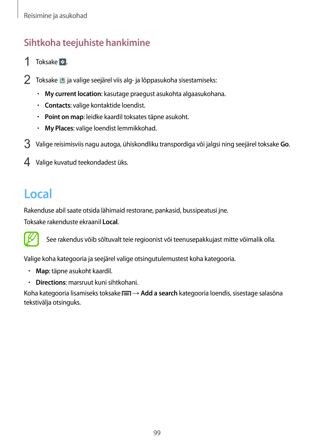 Samsung GT-N5110ZWASEB manual Local, Sihtkoha teejuhiste hankimine 