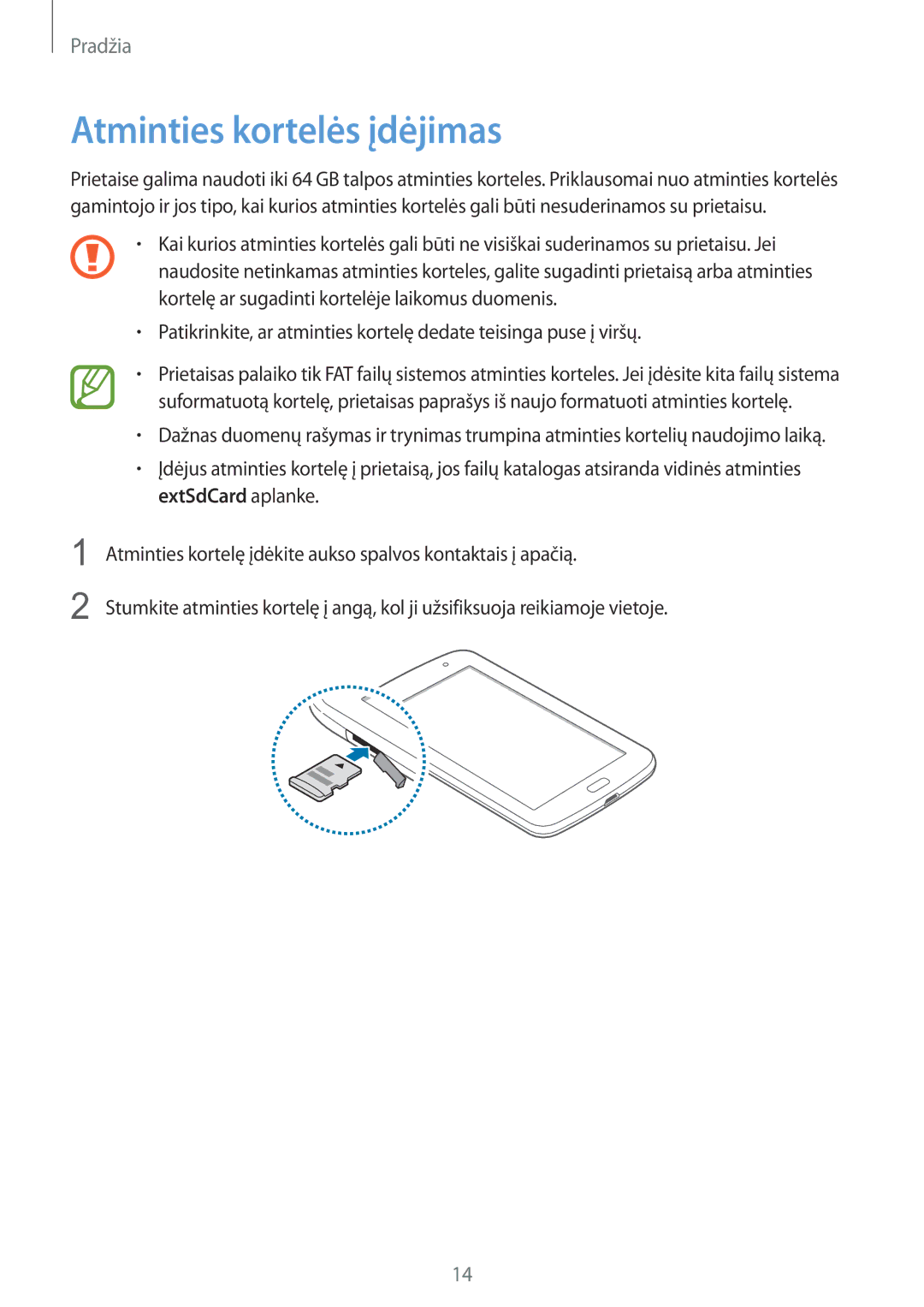 Samsung GT-N5110ZWASEB manual Atminties kortelės įdėjimas 