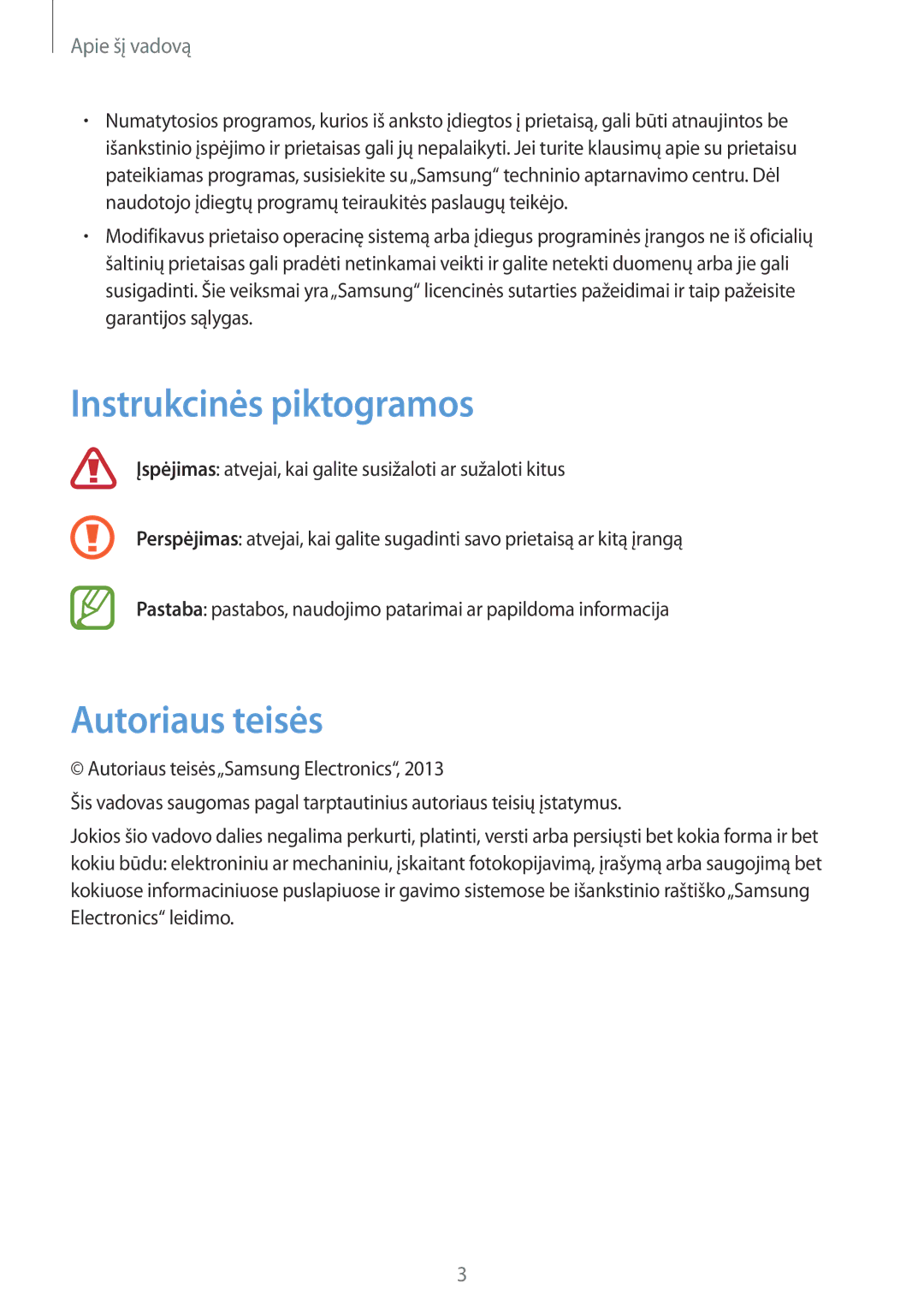 Samsung GT-N5110ZWASEB manual Instrukcinės piktogramos, Autoriaus teisės 