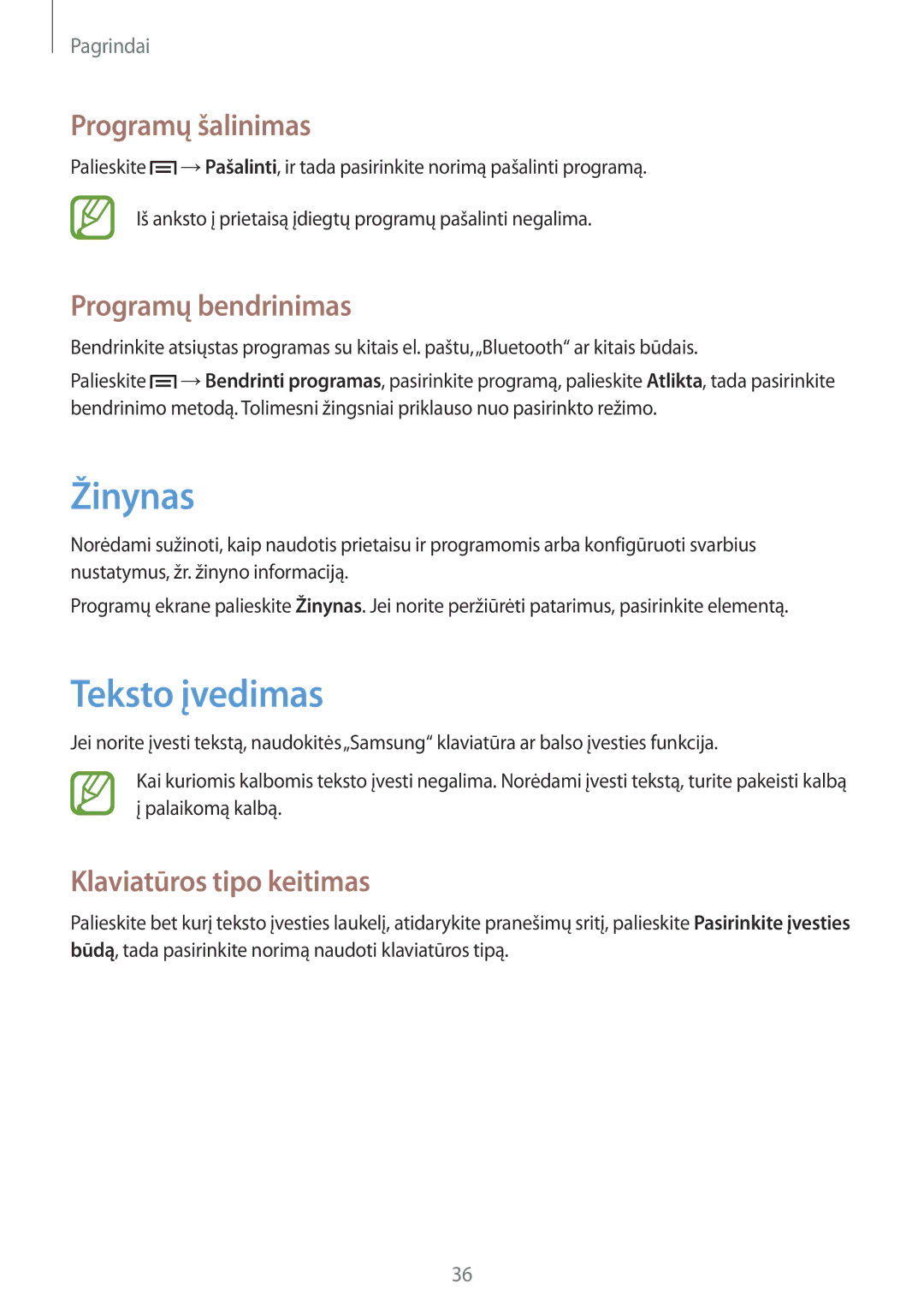 Samsung GT-N5110ZWASEB manual Žinynas, Teksto įvedimas, Programų šalinimas, Programų bendrinimas, Klaviatūros tipo keitimas 