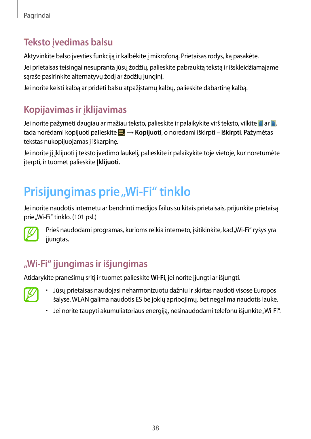 Samsung GT-N5110ZWASEB manual Prisijungimas prie„Wi-Fi tinklo, Teksto įvedimas balsu, Kopijavimas ir įklijavimas 