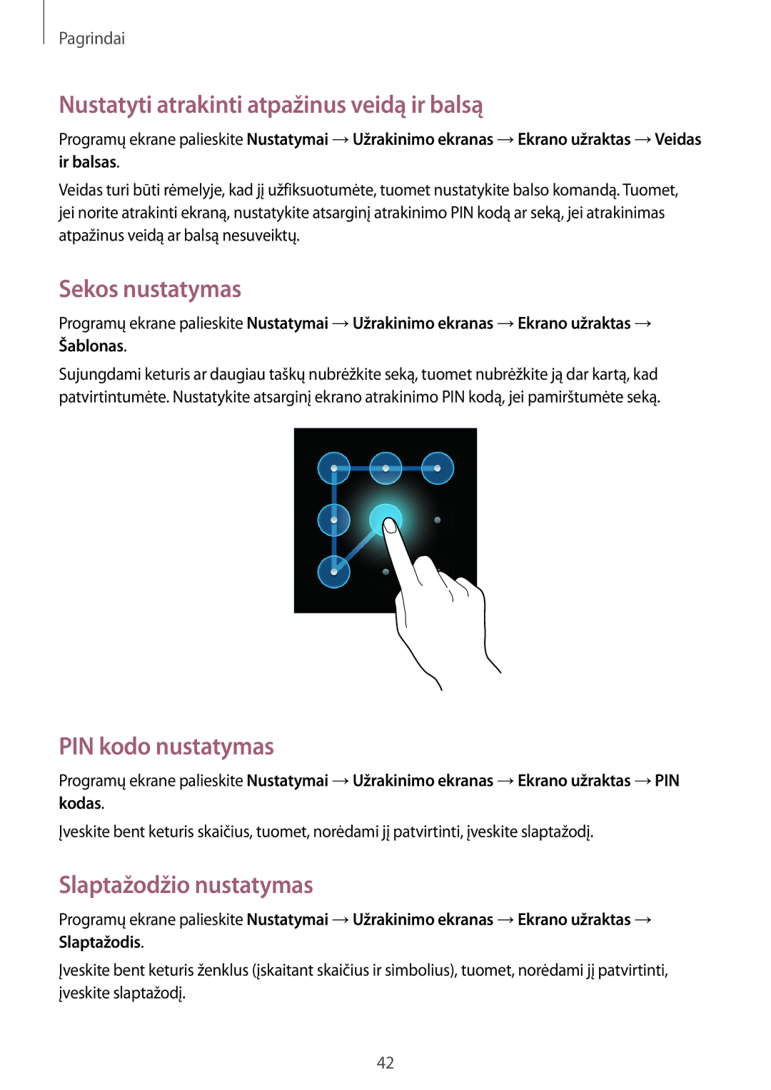 Samsung GT-N5110ZWASEB manual Nustatyti atrakinti atpažinus veidą ir balsą, Sekos nustatymas, PIN kodo nustatymas 