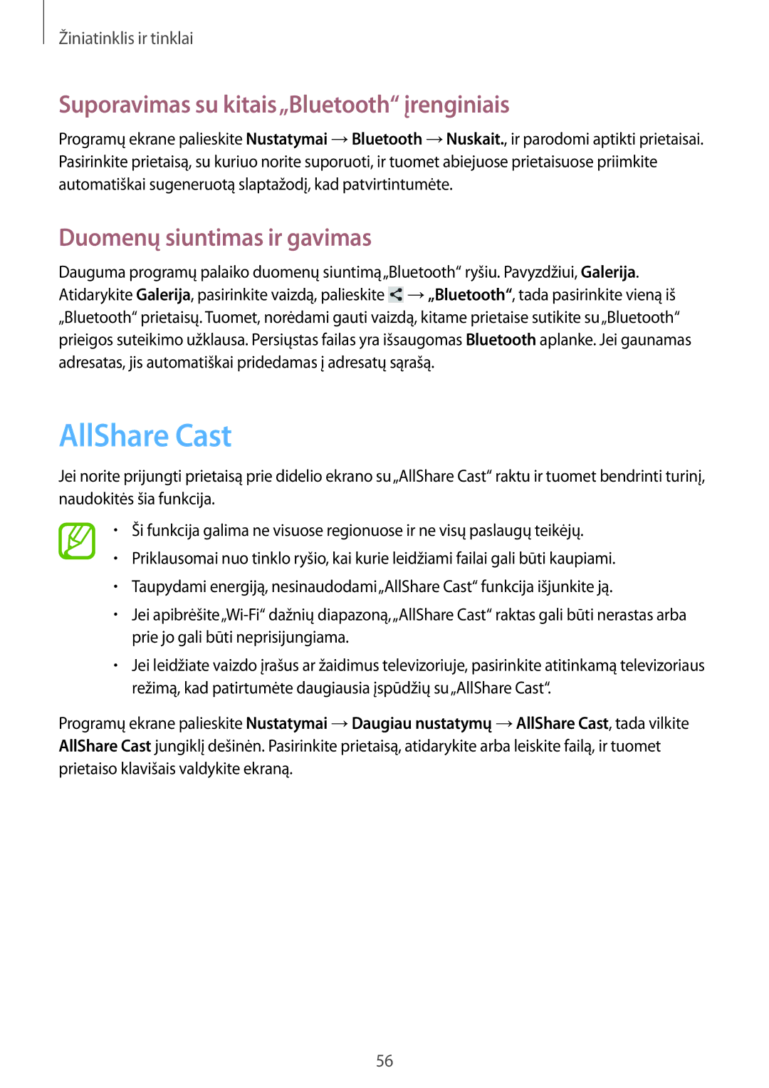 Samsung GT-N5110ZWASEB manual AllShare Cast, Suporavimas su kitais„Bluetooth įrenginiais, Duomenų siuntimas ir gavimas 