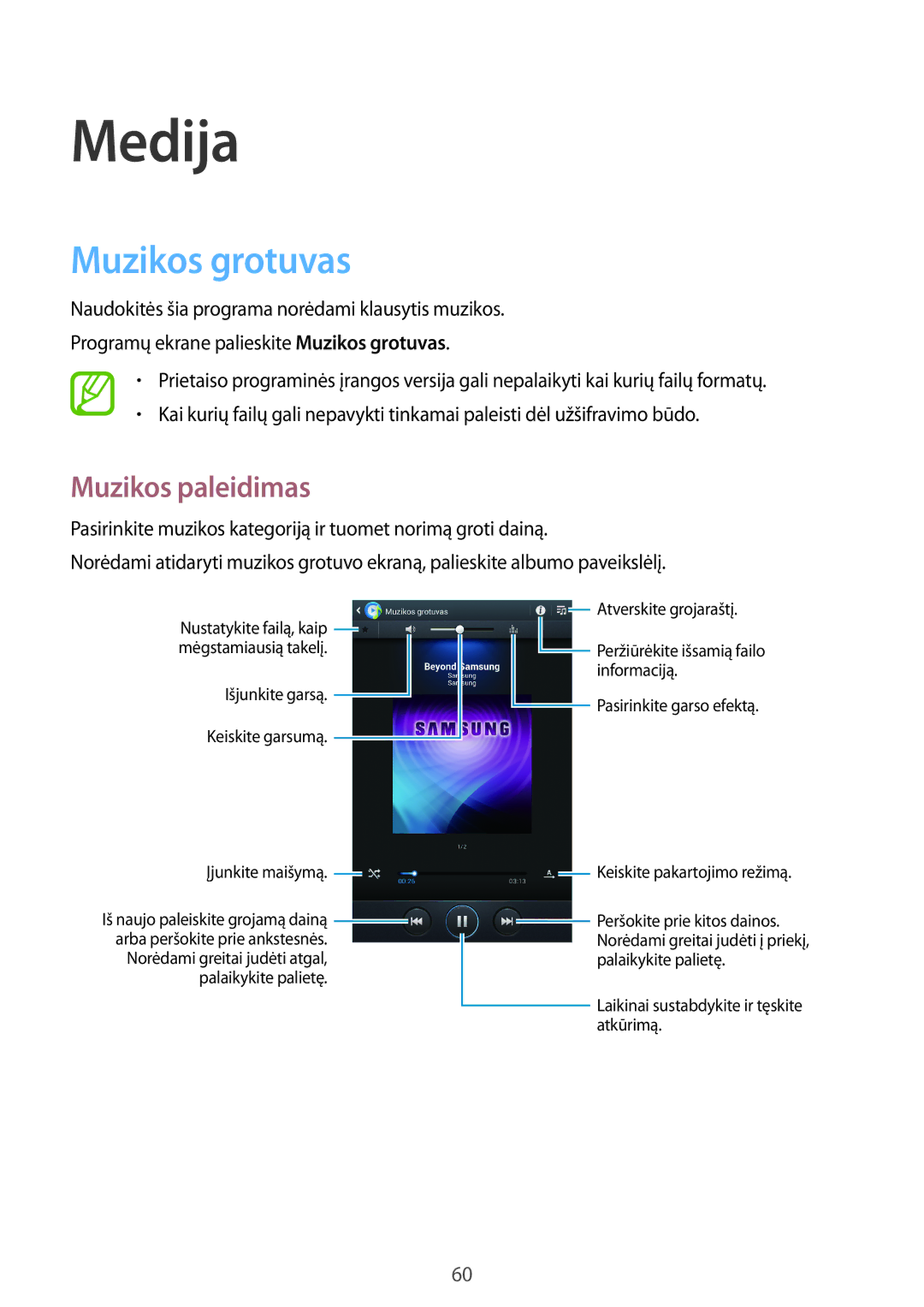 Samsung GT-N5110ZWASEB manual Medija, Muzikos grotuvas, Muzikos paleidimas 