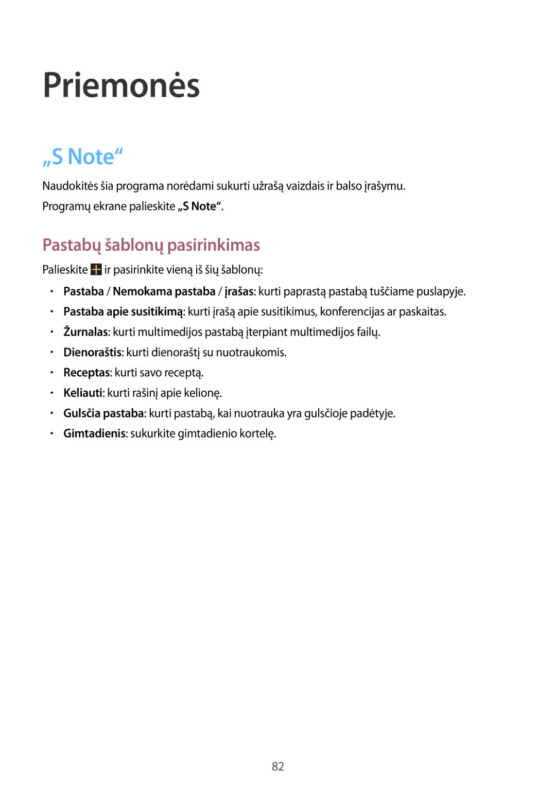 Samsung GT-N5110ZWASEB manual Priemonės, „S Note, Pastabų šablonų pasirinkimas 