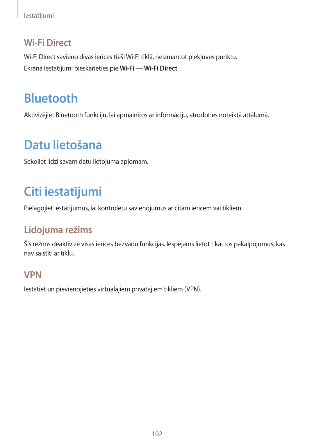 Samsung GT-N5110ZWASEB manual Datu lietošana, Citi iestatījumi, Wi-Fi Direct, Lidojuma režīms 