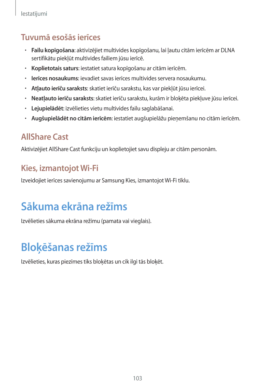 Samsung GT-N5110ZWASEB manual Sākuma ekrāna režīms, Bloķēšanas režīms, Tuvumā esošās ierīces, AllShare Cast 