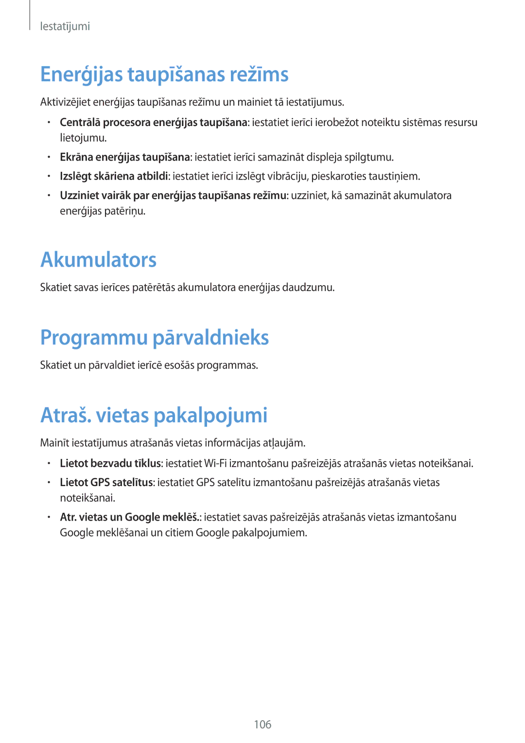 Samsung GT-N5110ZWASEB manual Enerģijas taupīšanas režīms, Akumulators, Programmu pārvaldnieks, Atraš. vietas pakalpojumi 