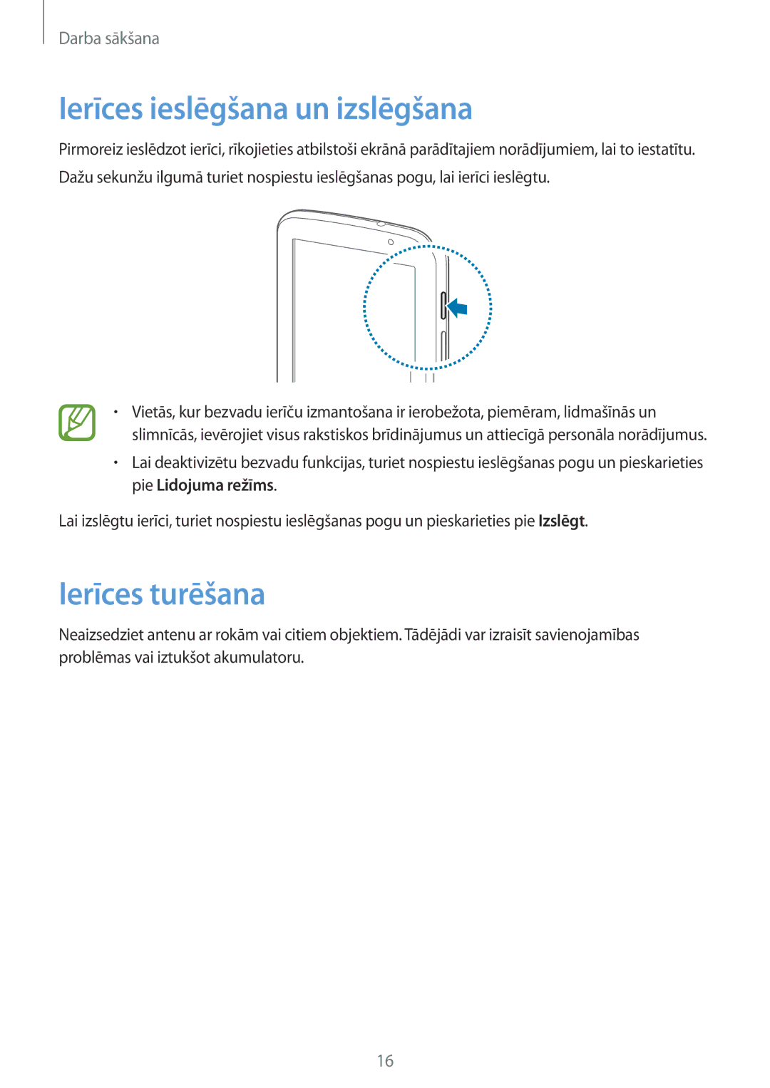 Samsung GT-N5110ZWASEB manual Ierīces ieslēgšana un izslēgšana, Ierīces turēšana 