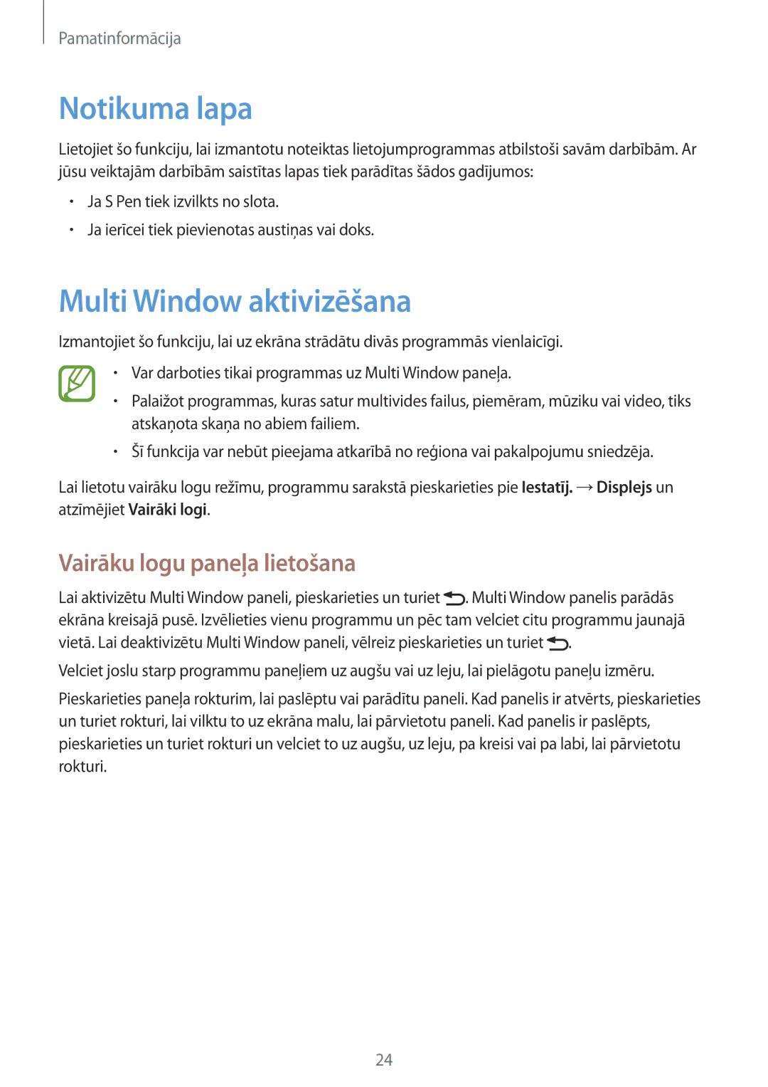 Samsung GT-N5110ZWASEB manual Notikuma lapa, Multi Window aktivizēšana, Vairāku logu paneļa lietošana 