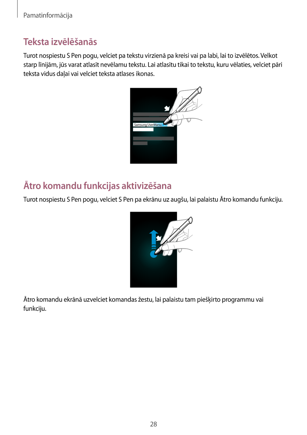 Samsung GT-N5110ZWASEB manual Teksta izvēlēšanās, Ātro komandu funkcijas aktivizēšana 