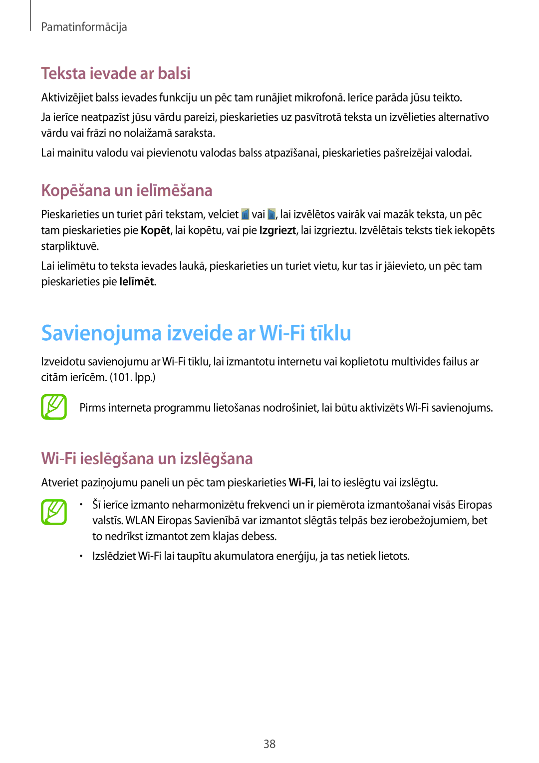 Samsung GT-N5110ZWASEB manual Savienojuma izveide ar Wi-Fi tīklu, Teksta ievade ar balsi, Kopēšana un ielīmēšana 