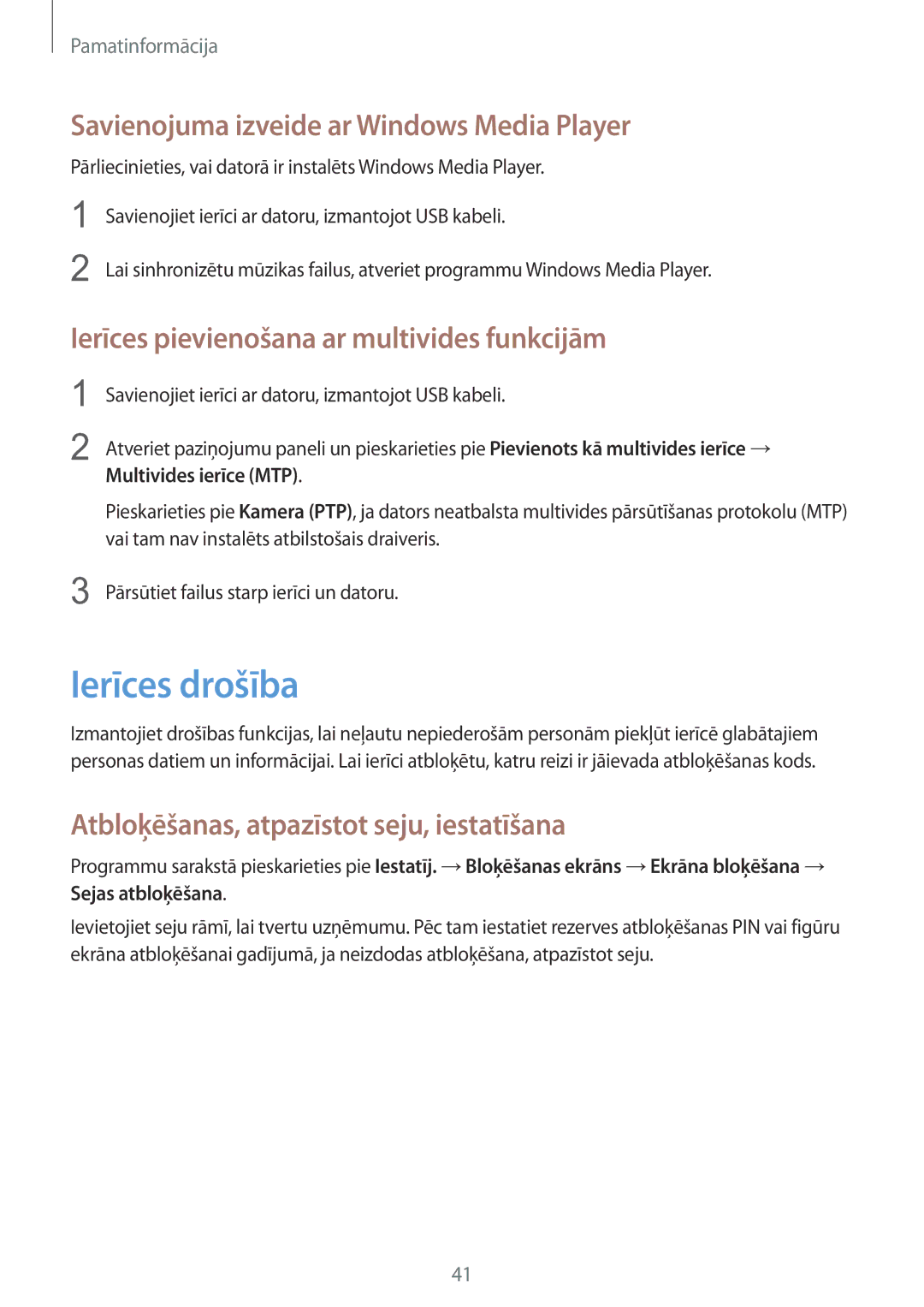 Samsung GT-N5110ZWASEB manual Ierīces drošība, Savienojuma izveide ar Windows Media Player, Multivides ierīce MTP 
