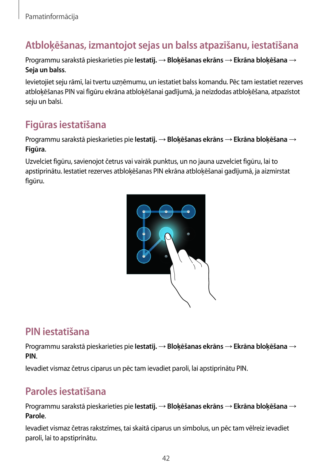 Samsung GT-N5110ZWASEB manual Figūras iestatīšana, PIN iestatīšana, Paroles iestatīšana 