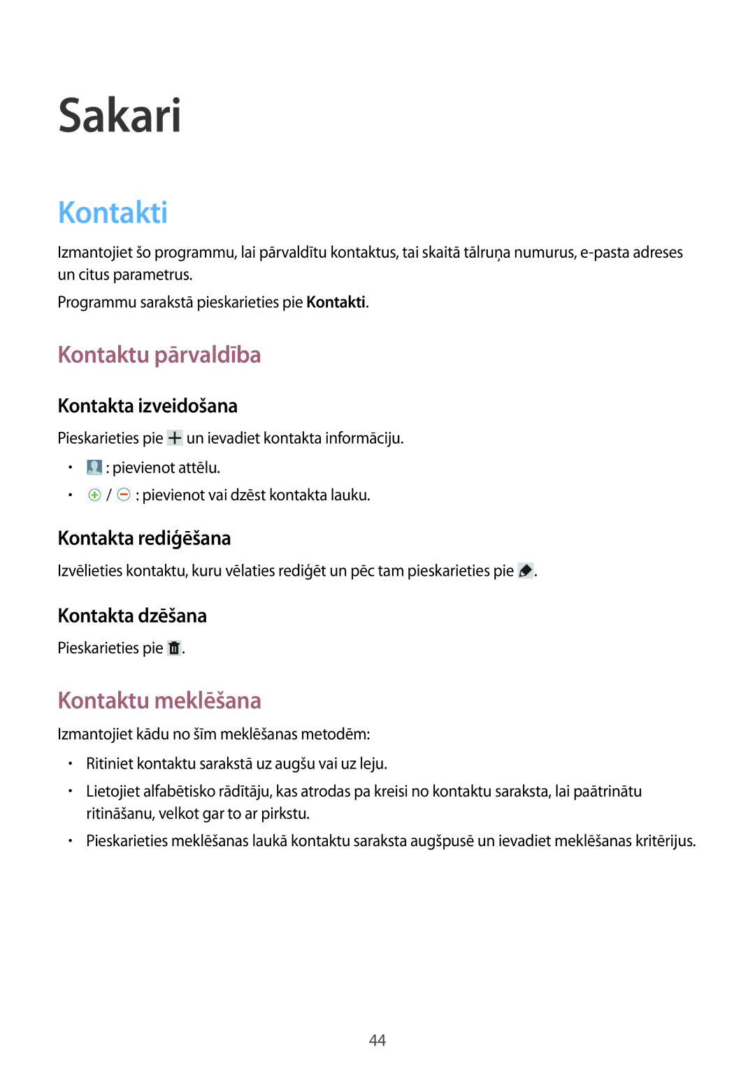 Samsung GT-N5110ZWASEB manual Sakari, Kontakti, Kontaktu pārvaldība, Kontaktu meklēšana 