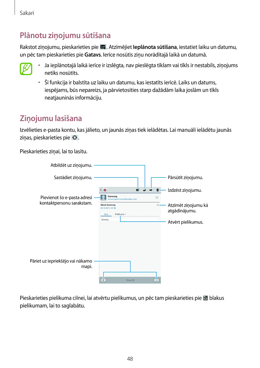 Samsung GT-N5110ZWASEB manual Plānotu ziņojumu sūtīšana, Ziņojumu lasīšana 