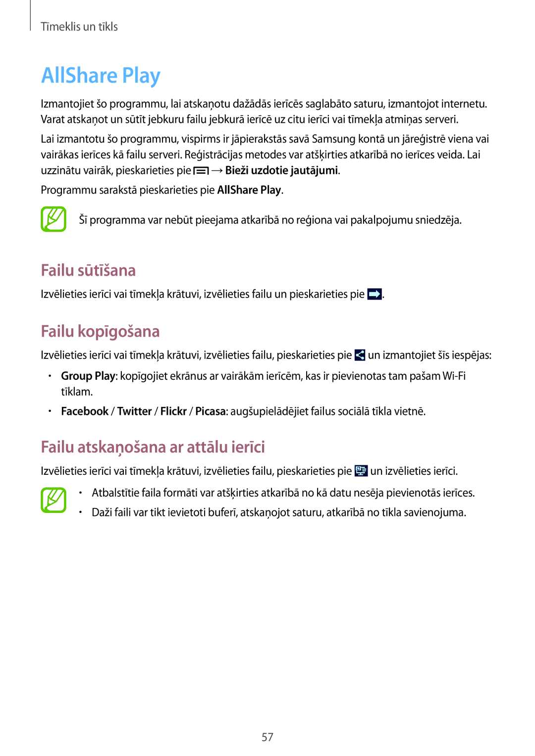 Samsung GT-N5110ZWASEB manual AllShare Play, Failu sūtīšana, Failu kopīgošana, Failu atskaņošana ar attālu ierīci 