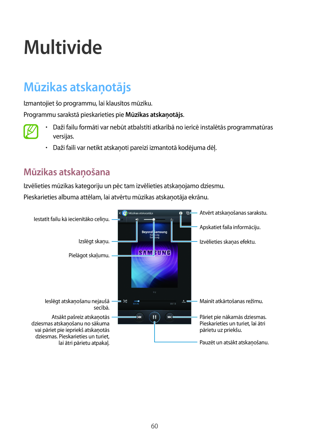 Samsung GT-N5110ZWASEB manual Multivide, Mūzikas atskaņotājs, Mūzikas atskaņošana 