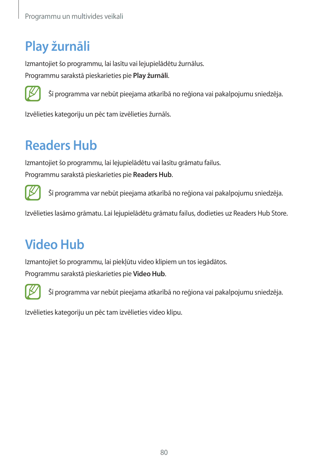 Samsung GT-N5110ZWASEB manual Play žurnāli, Readers Hub, Video Hub 