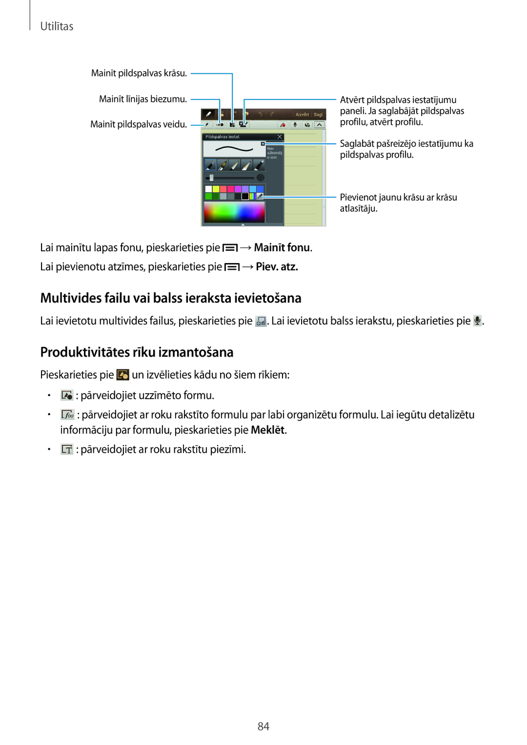 Samsung GT-N5110ZWASEB manual Multivides failu vai balss ieraksta ievietošana, Produktivitātes rīku izmantošana 