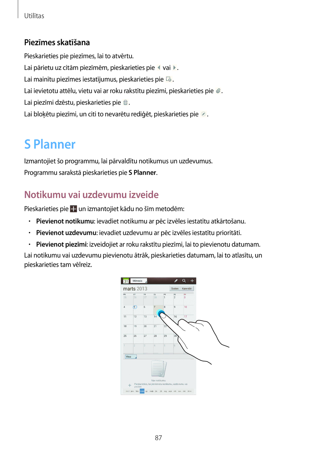 Samsung GT-N5110ZWASEB manual Planner, Notikumu vai uzdevumu izveide, Pieskarieties pie piezīmes, lai to atvērtu 