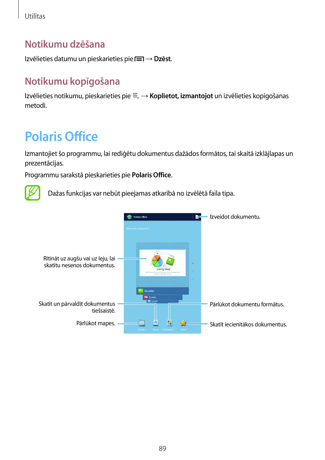 Samsung GT-N5110ZWASEB manual Polaris Office, Notikumu dzēšana, Notikumu kopīgošana 