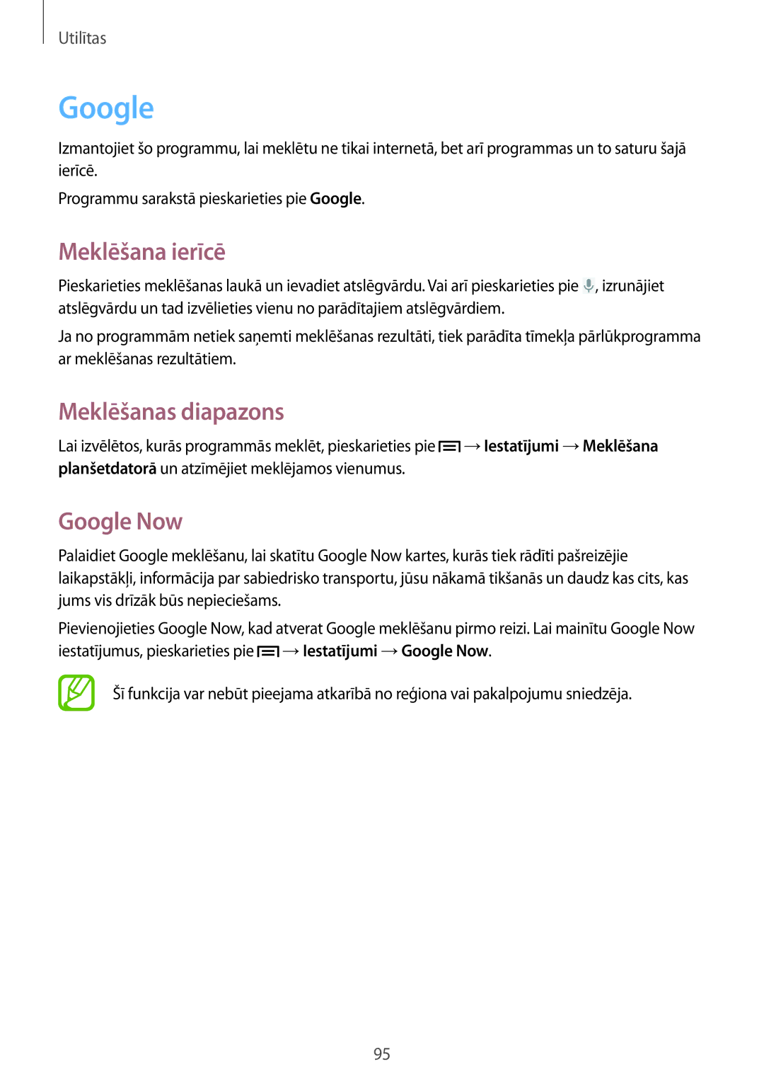 Samsung GT-N5110ZWASEB manual Meklēšana ierīcē, Meklēšanas diapazons, Google Now 