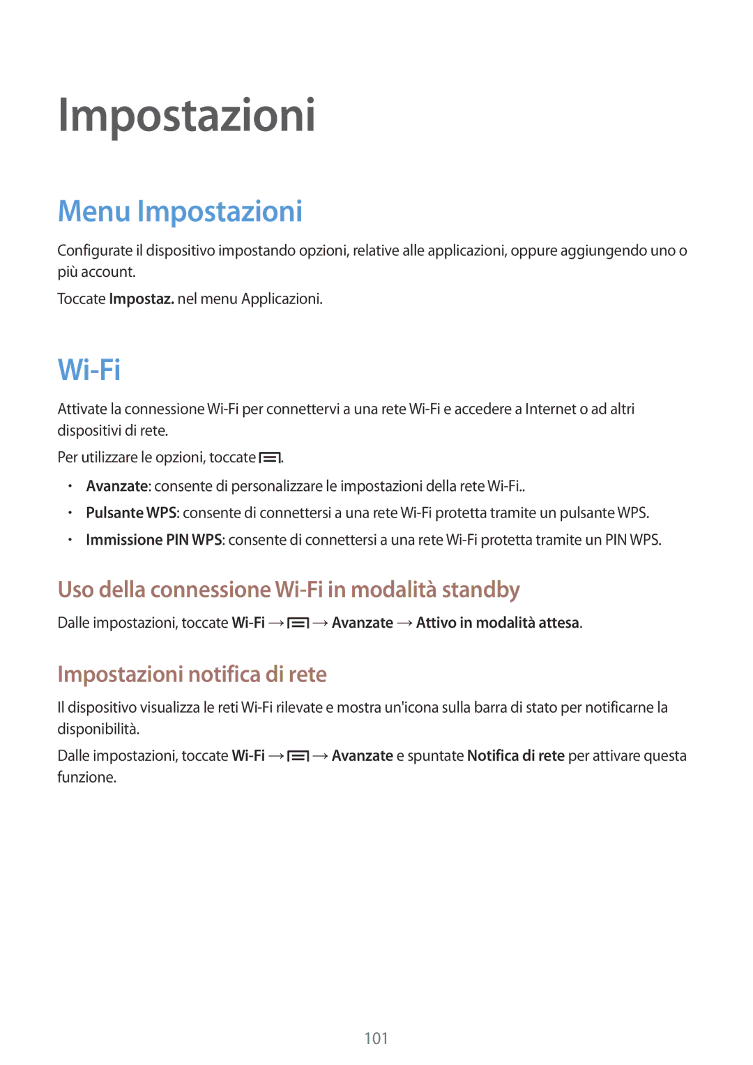 Samsung GT-N5110ZWAITV, GT-N5110ZWATUR manual Menu Impostazioni, Uso della connessione Wi-Fi in modalità standby 