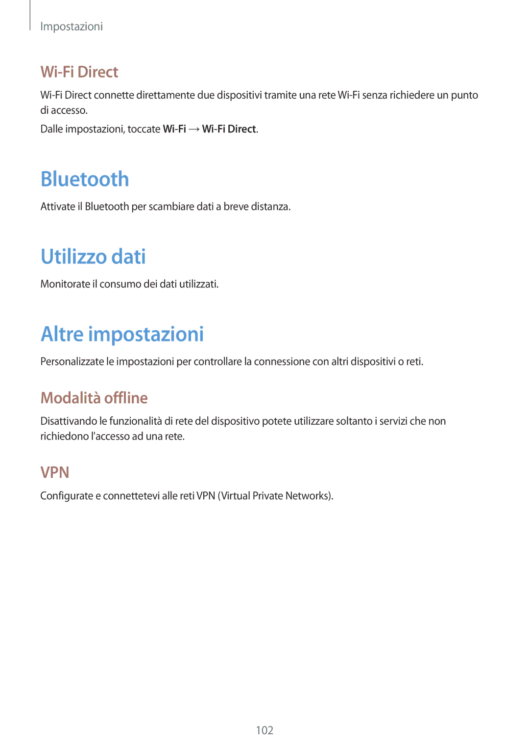 Samsung GT-N5110ZWATUR, GT-N5110ZWAITV manual Utilizzo dati, Altre impostazioni, Wi-Fi Direct, Modalità offline 
