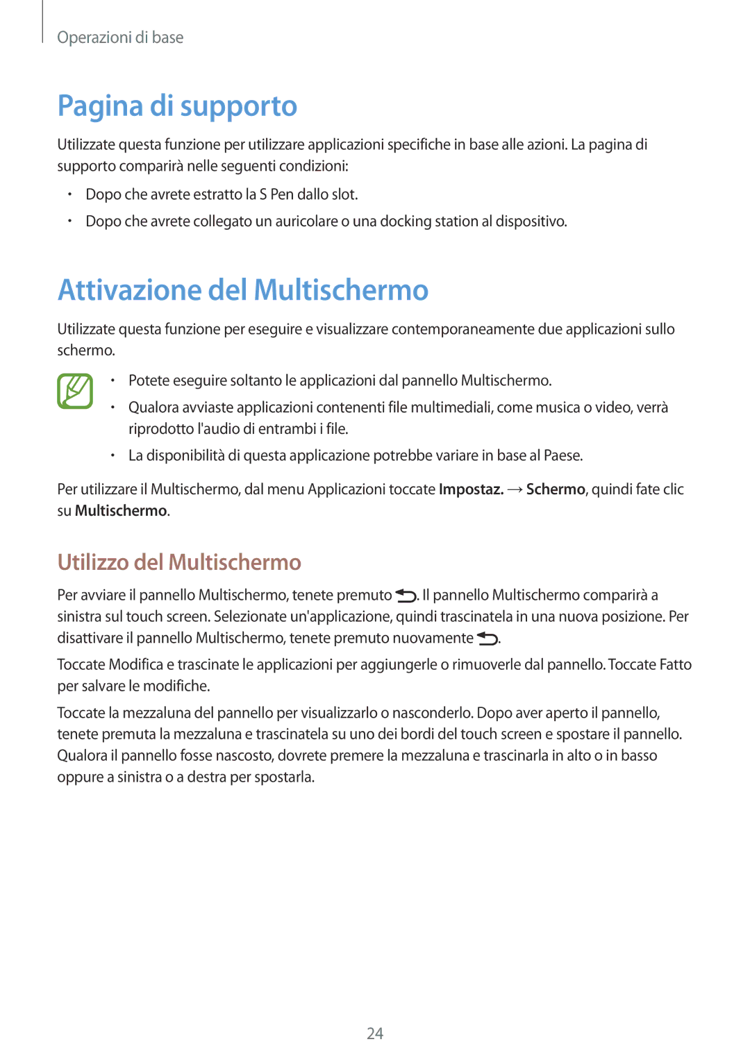 Samsung GT-N5110ZWATUR, GT-N5110ZWAITV manual Pagina di supporto, Attivazione del Multischermo, Utilizzo del Multischermo 