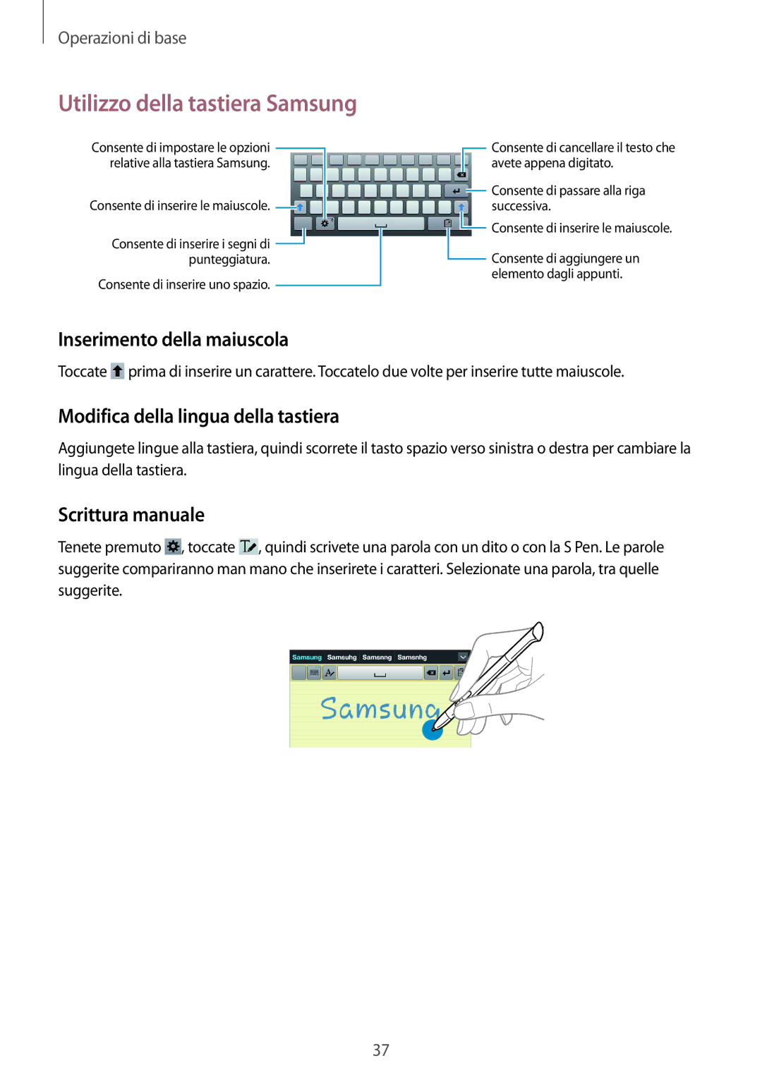 Samsung GT-N5110ZWAITV Utilizzo della tastiera Samsung, Inserimento della maiuscola, Modifica della lingua della tastiera 